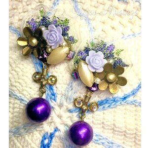 OOAK Victorian Purple Floral Lace Pearl Rhinestone Assemblage Pierced Earrings